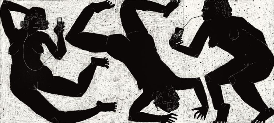 Cola, Hop, Mp3; linoryt, 90x200 cm, 2008 r.
