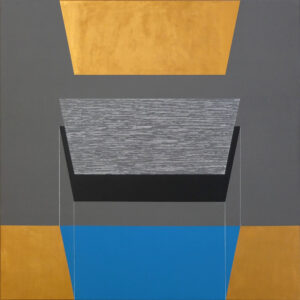 BOX0213, akryl, złoty akryl, tusz, płótno, 100x100 cm, 2021 r.